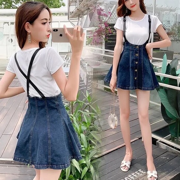 Denim overall skirt womens navy dark blue button bottom suspender - Picture 2 of 3
